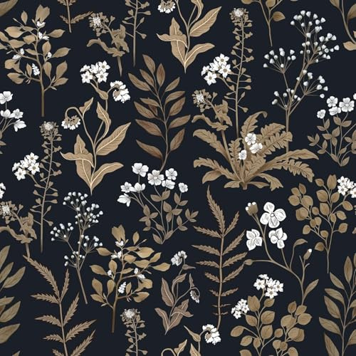 Abyssaly Black and Gold Wallpaper Dark Floral Peel and Stick Wallpaper Vintage Leaf Contact Paper Vinyl Self Adhesive Moody Wall Paper for DIY Furniture Bookshelf Cabinets Decor 17.3 x 196.8