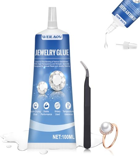 WEILAOK Schmuckkleber Extra Stark Transparent, schmuckkleber, schmucksteinkleber mit Pinzette, Mehrzweckkleber Zum Präzisen Verkleben von Edelsteinen, Perlen etc, Transparent, Feiner Spitze, 100ml