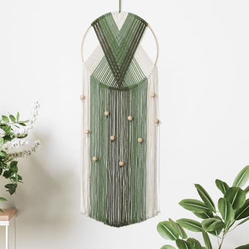 LOMOHOO Tapisserie murale en macramé beige vert avec perles en bois - Décoration murale bohème - Attrape-rêves - Corde en coton tissée à la main - Décoration murale esthétique pour chambre à coucher