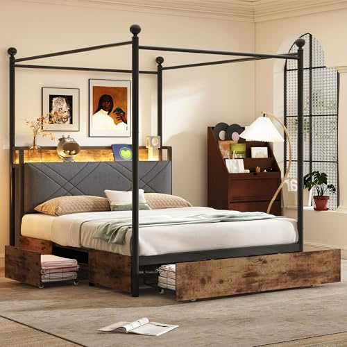 Kebnor Letto multifunzionale, con vano portaoggetti e baldacchino in ferro battuto, con pali rimovibili con LED e porte di ricarica USB/tipo C, letto singolo in ferro (nero, due cassetti, 140 x 190 cm