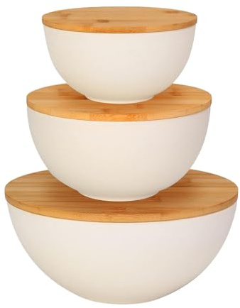 Cuencos de almacenamiento de anidación - Tazones de preparación de alimentos de 10/8/6 pulgadas, recipientes para servir con miembros de madera | Microondas Juego de tazón de mezcla segura | Tazones