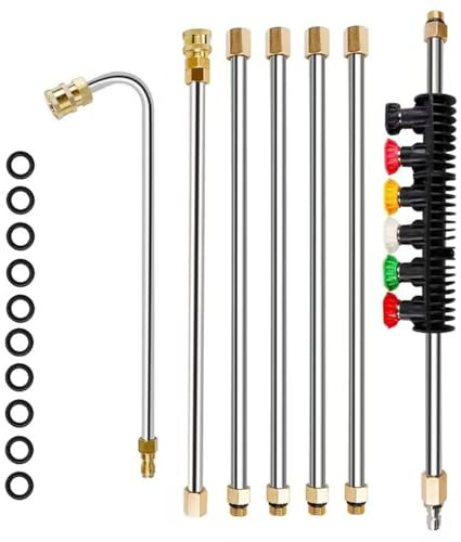Rallonge pour Nettoyeur Haute Pression, 4000PSI Outil de Nettoyage de Toiture et de Gouttières, Barres d'extension with Tiges Incurvées & 6 Embouts de Buse, Baguette d'extension à Raccord rapide 1/4