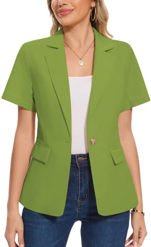 Women Linen Blazer Lapel One Button Short Sleeve Jacket,Light Green,XL