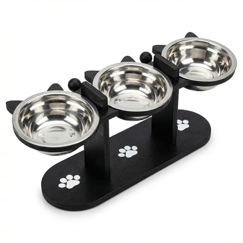 Ciotola Gatti Rialzata,Set 3 Acciaio Inossidabile Ciotole per Gatti e Cani, Mangiatoia in Bambù,Ciotola Gatto Cane in Acciaio Inox Inclinato di 15°,Altezza Regolabile,per Cani Piccoli, Gattini (Nero)