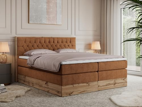 MKS MEBLE King Boxspringbett 200x200 mit Bettkasten und Kopfteil, Bonell Polsterbett mit Matratze H3 und Topper Visco, Bett mit Holzrahmen in Wotan Eiche - Orange Struktur - Amore King