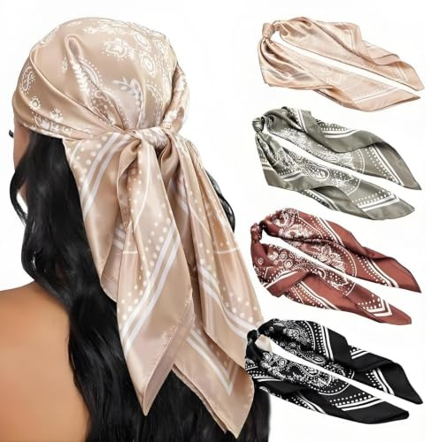 Kemay 4 Pack 35/90cm Large Satin Head Scarves for Women, Silk Feeling Hair Wraps, Classic Paisley Bandanas for Sleeping, Neck Scarf & Fashion Hair Accessories