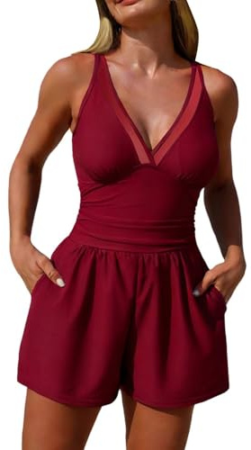 Maillot de Bain Femme 1 Pieces Short - Maillots de Bain Une Piece Femme Combishort Ventre Plat Tankini Push Up Monokini Swimwear Beachwear