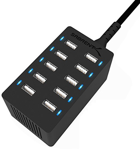 SABRENT Estacion de Carga móvil USB Tipo A de 10 Puertos | Carga rapida 60W | Certificado UL | Tecnología Smart-Port | Compatible con Samsung, lPhone, lPad y mas [AX-TPCS]