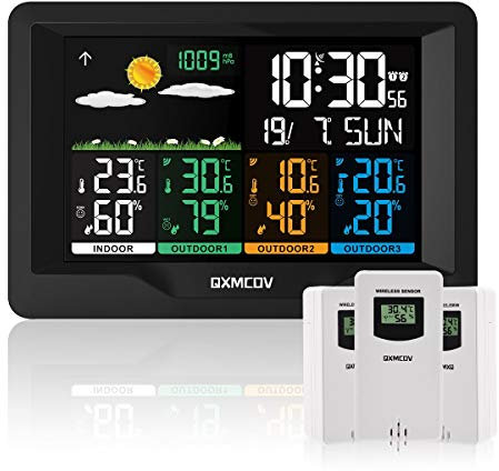 Qxmcov Weather Station Wireless with 3 Sensors, Digital Large LCD Screen Thermometer, Weather Station with Weather Forecast, Temperature, Humidity, Alarm Clock