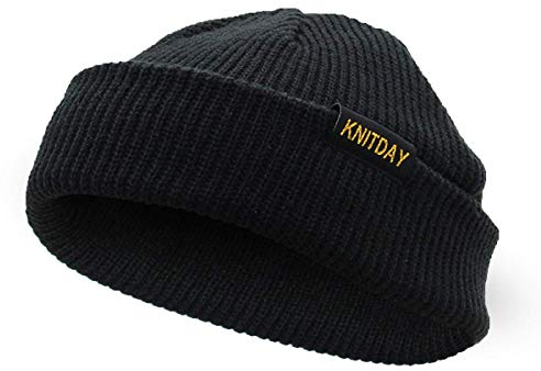 KNITDAY Sailor Trawler Short Thick Knit Fisherman Beanie Hats for Men and Women Plus Size Roll up Edge Cuff Streetwear Skull Cap Unisex Daily Wearing (Black)