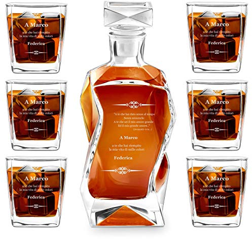 Maverton Set Decanter per Whisky in vetro - da 700 ml - incisione personalizzata - Caraffa con 6 bicchieri - idea regalo per il compleanno - per l’ uomo - Arturo