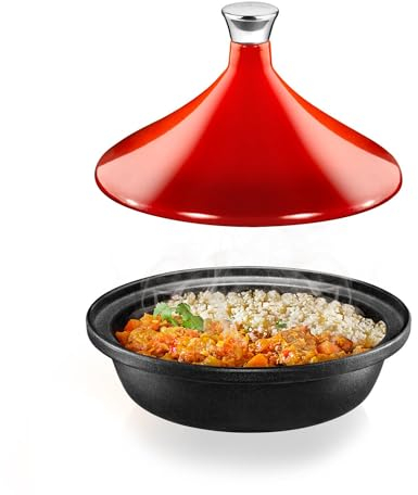 NutriChef NCTJRD NutriChefKitchen Tagine Moroccan Cooker 2.75-Quart Cooking Pot with Stainless Steel Knob, Base, and Cone-Shaped cast Iron Enameled Lid (Red)