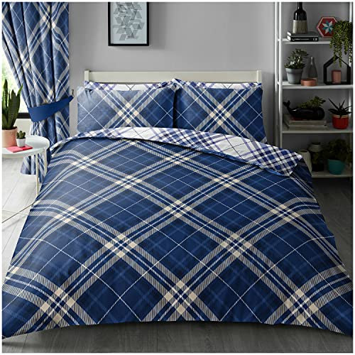 Super Dreamer Luxury 4 Pieces Complete Bedding Sets King Size, Check Duvet Cover With Pillowcases & Fitted Sheet, Washable Bed Set, Blue, 11693826