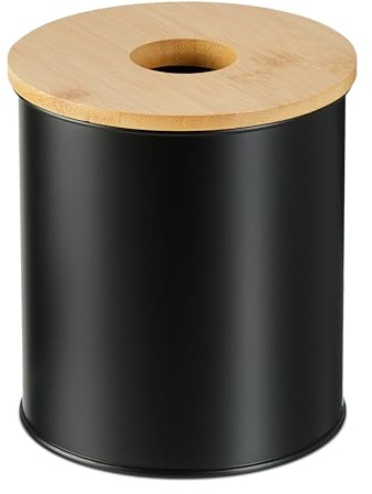 Relaxdays Pattumiera da Tavolo Bagno 2L, Cestino Rifiuti Cosmetici, Foro sul Coperchio, Bidoncino in Ferro e bambù, Nero