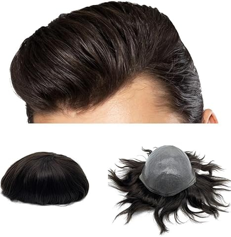 Pelucas para Hombre Tupé for hombres, 8x10 pulgadas, piel fina de PU, cabello humano, tupé for hombres, 2, pieza de cabello marrón oscuro for hombres, peluca de cabello con bucle en V, sistema de re