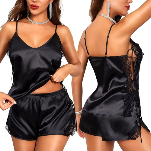 RSLOVE Pajama Set Women Satin - Sexy Summer Pjs Ladies Short Pyjamas Sets Silk Nightwear Black M