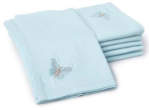 Encasa XO Servilletas de Tela, Algodón Bordado 17x17 Mariposa Azul Hielo