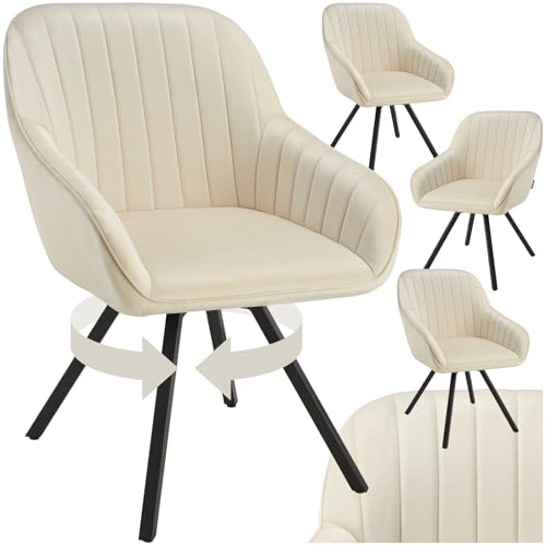 tectake® drehbare Esszimmerstühle mit Armlehne, Schalenstuhl ergonomisch mit Samt Bezug, gesteppt, Stühle drehbar für Wohnzimmer, Esstisch, Arbeitszimmer, Schminktisch, Küchenstühle - 4er Set, Creme