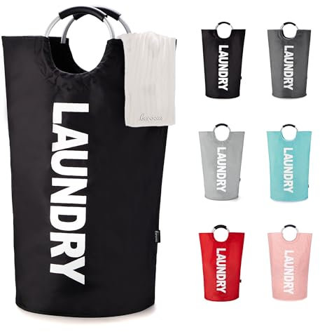 Caroeas 90L Collapsible Laundry Basket, Waterproof Laundry Bag (8 Colors) for Baby, Large Washing Basket with Padded Handles Stands Up Well for Easy Storage, Black