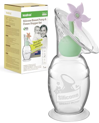 haakaa Set tiralatte manuale con tappo a fiore, pompa manuale in silicone Gen.2 con base di aspirazione, senza BPA (150 ml, lavanda)