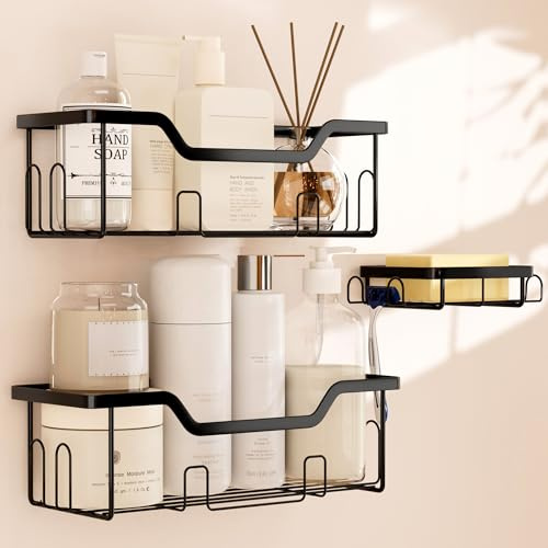 Cubbiesavor Black Shower Caddy 3 Pack,Stainless Steel Bathroom Shelf Organiser No Drilling,Adhesive Shower Storage Rack with Soap Holder,Black