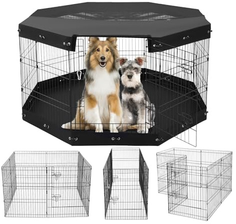VEVOR Recinto per Cani, Confezione 8 Pannelli 760 mm x 610 mm Box per Cani Pieghevole in Metallo, Recinto per Cani per Interni Esterni con Porta, Imbottitura Fondo, Copertura Superiore, per Cani Gatti