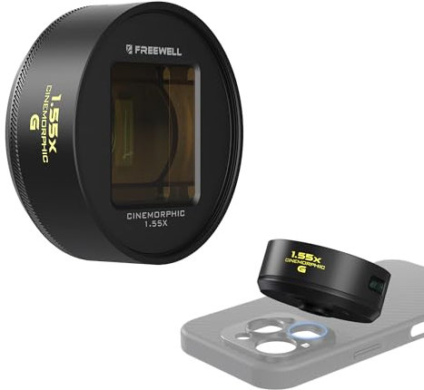 Freewell Objectif 1.55x Gold Anamorphic Compatible avec iPhone à baïonnette 17mm, Objectif Samsung Premium Smartphone Gold Spot et clarté vidéo améliorée