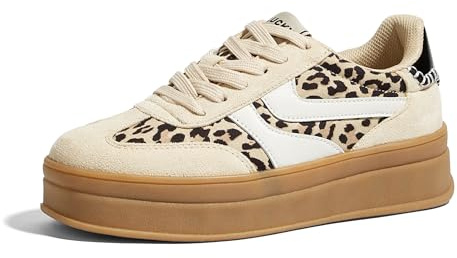 LUCKY STEP Baskets à Plateforme pour Femme – Rétro, Semelle Épaisse en Caoutchouc, Confortables, Tennis, Skate, Training, Marche, Casual Streetwear (Léopard/Beige, 8.5US-39EU-6UK)