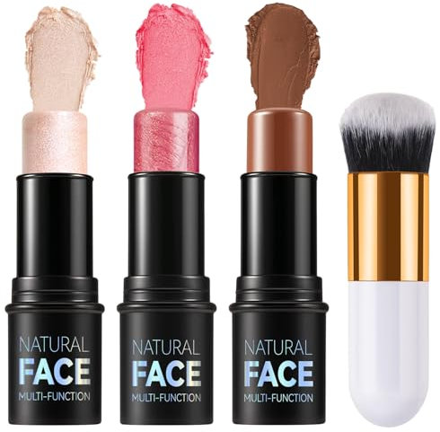3Pcs Contour Highlighter Blush Sticks with Brush - Cream Contour Bronzer Stick for Cheeks Eyes Lips, Long Lasting Waterproof Smooth Makeup Sticks for All Skin Type Face Makeup（Set F）
