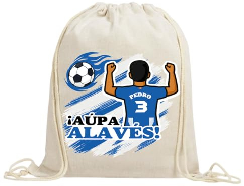 xulisimo Mochila saco personalizada para equipos de fútbol en algodón orgánico, con nombre, dorsal, género y pelo, ligera y resistente hasta 9 kg, ideal para niños y adultos (Alaves, Chico)