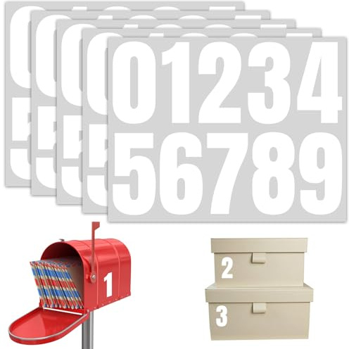 Fourindo Lot de 5 feuilles d'autocollants numérotés - Blanc - 10 cm - En vinyle autocollant - Résistant aux intempéries et imperméable - Chiffres de 0 à 9 - Pour boîte aux lettres, boîte aux lettres