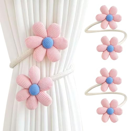2 Pack Curtain Tie Backs Braided Rope Holdbacks Flower Tie Back for Curtains Pink Purple Flower Curtain Holdbacks Clips and Rope Curtain Tie Backs,No Punching Curtain Holder for Girls (pink)