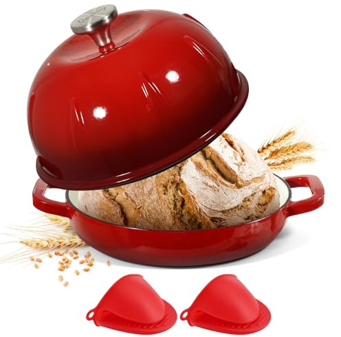 Davivy Forno olandese in ghisa smaltata, 5 l, per pane con lievitazione naturale, pentola olandese con coperchio a cupola – con impugnatura in silicone, rosso ciliegia