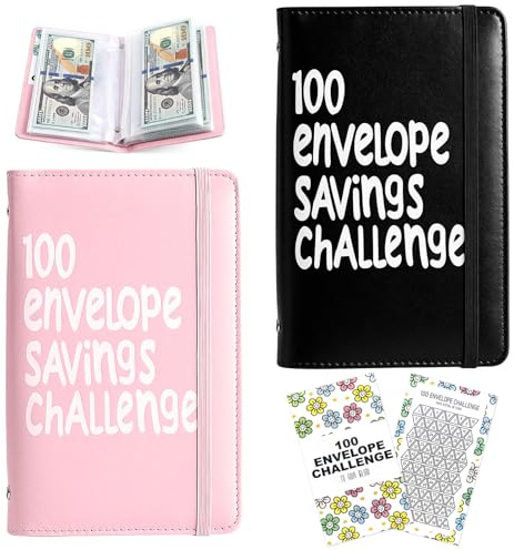 100 Envelopes Savings Challenge Book Two Pack Black and Pink for Money Saving Cash Stuffing Wallet for Budgeting A6 Budget Book for Personal Finance Ideal for School Home Office and Travel Savings