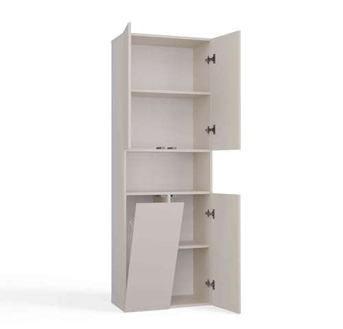 ARREDO DA CASA Armadio Bagno a Colonna con Cesto Portabiancheria, 3 Ante Battenti, Vano a Giorno Centrale, Mobile Bagno Salvaspazio 60x174x30 cm, in Diversi Colori ABT2 (Beige)