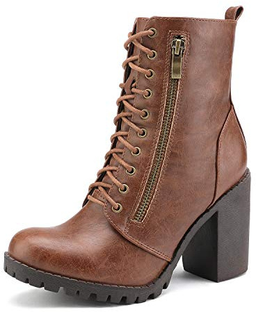 DREAM PAIRS Women's Combat Ankle Chunky Heel Lace up Booties,Tan,11