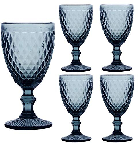 Dibor Set of 4 Wine Glasses Blue Diamond Embossed Dishwasher Safe 270ml Wine Glass Goblets