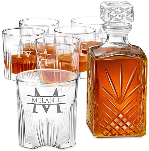 Murrano Maverton Whisky Carafe + 6 Whiskey Glasses with Engraving - 700ml Vintage Spirits Decanter - airtight Seal - Elegant Whisky Set - for Women - Personalised - Name