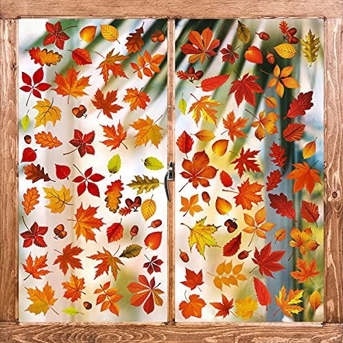 TOPTIME 174Pcs Fall Leaves Window Clings Decor-Fall Decorations for Home,Thanksgiving/Autumn Maple Decals,Thanksgiving Window Stickers,Fall Leaves Pine Cones Pumpkin Party Decor
