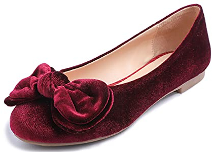 Feversole Women's Round Toe Cute Bow Trim Ballet Flats, Bailarinas de Punta Redonda Decoradas con Lazo de Mujer Bonita Rojo Terciopelo Lazo 39 EU