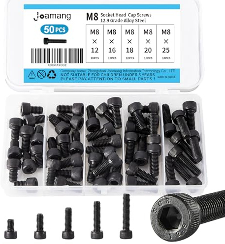 Joamang M8 x 12mm 16mm 18mm 20mm 25mm Hex Socket Head Cap Screws Bolts, 12.9 Grade Alloy Steel, Black Oxide Finish, Metric Allen Drive, Fully Threaded, Assortment Kit 50Pcs