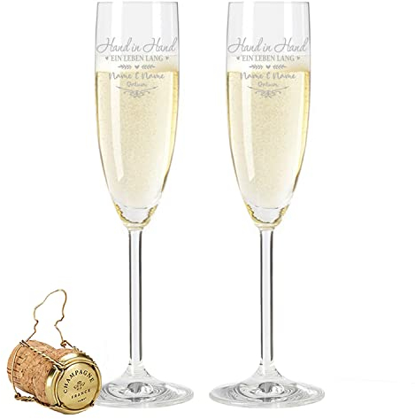 Leonardo - Calice da spumante con incisione, a mano in mano, personalizzabile con nome e data, regalo per coppie, regalo per San Valentino, anniversario e matrimonio