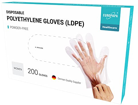EUROPAPA 200 Stück Vorteilspack LDPE Einweghandschuhe in Box Einmalhandschuhe latexfrei puderfrei Handschuhe in Damen Größe (Damen-200)