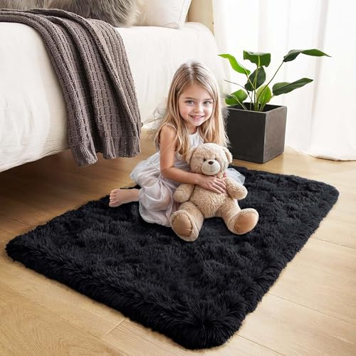 Hafaa Fluffy Shaggy Rugs Living Room Black 60x110 cm, Soft Thick Pile Carpet Bedroom, Non Slip Small Bedside Rug for Kids Nursery Room Non-Shedding
