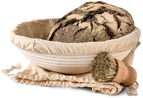 Praknu Cestino per Lievitazione del Pane - Rotondo - In Rattan Sostenibile - 30 cm - Kit con Spazzola, Fodera di Lino & Sacchetto per il Pane
