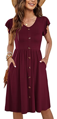 MOLERANI Summer Dresses for Women UK Ruffle Sleeve V Neck Casual Swing Elastic Waist Midi Dress with Pockets Super Wine Red XL