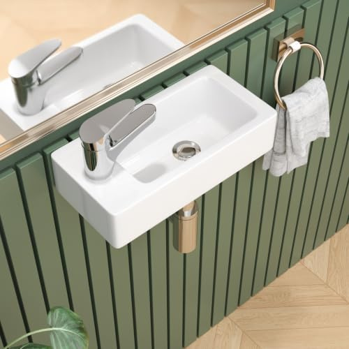 Sarlai Wall Mounted Bathroom Basin Small Ceramic Cloakroom Sink 37x18.5x9cm | Modern White Wall Hung Bathroom Sink, Samll Cloakroom Basin with Left Tap Hole, Space-Saving Rectangular Corner Sink Basin