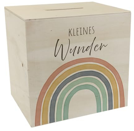 Regenbogen Spardose aus Holz mit Spruch Kleines Wunder Perfekt zur Geburt Babysachen für Junge Mädchen im Boho-Stil Mutter Baby Geschenk