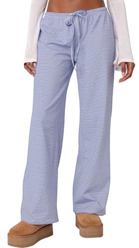 Ugerlov Women's Wide Leg Striped Pants Casual Drawstring Elastic Low Rise Pajama Pants Lounge Wear Trousers, Blue S