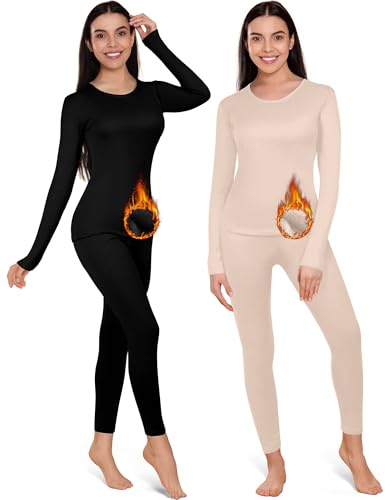 Patelai Juego de 2 leggings térmicos con forro polar cálido y camiseta térmica para mujer, capa base para invierno y clima frío